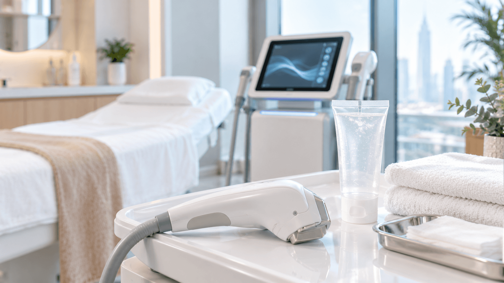 Ultrasound skin-treatment handpiece and gel on a tray in a modern clinic treatment room.