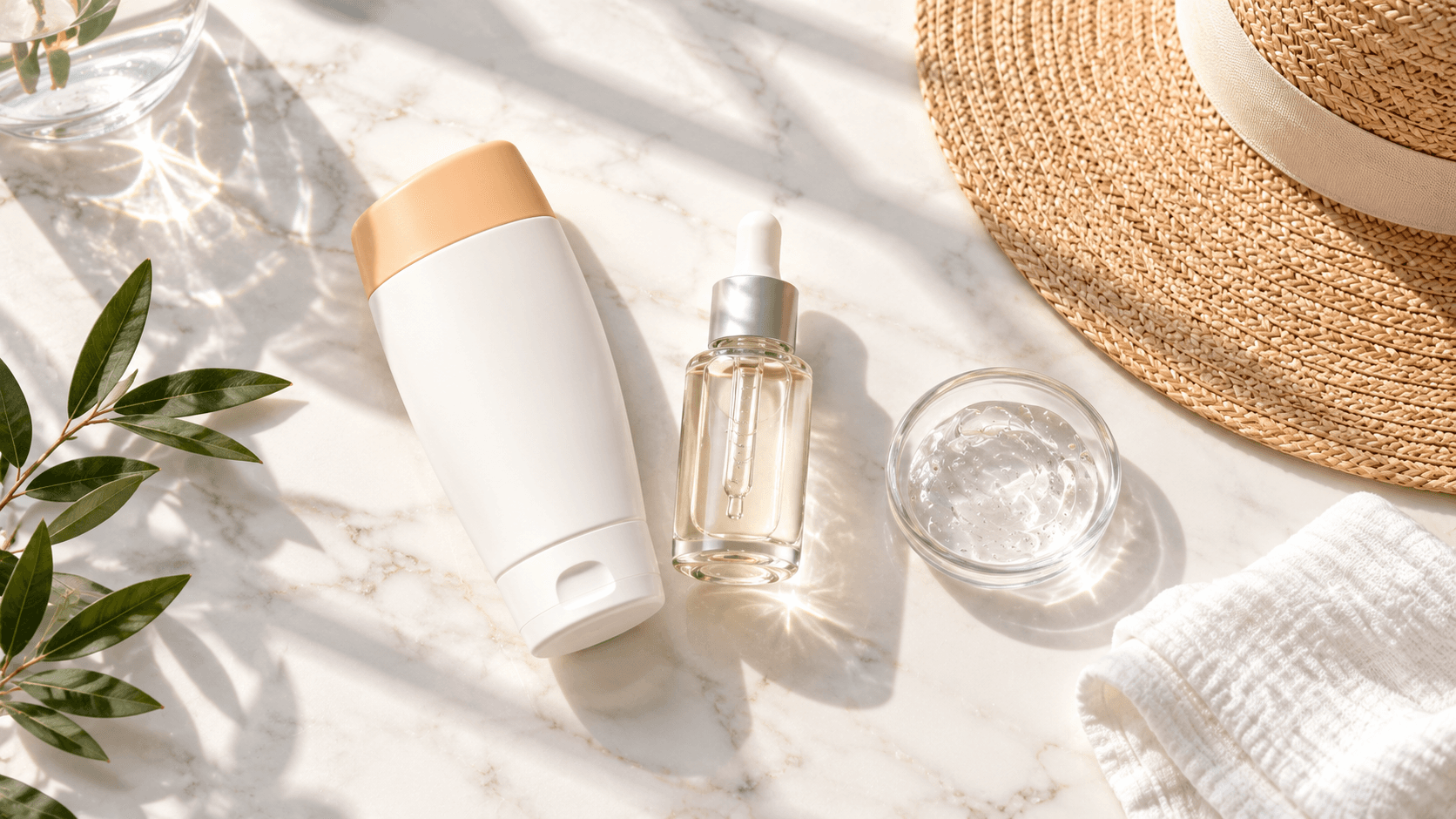 Unbranded sunscreen and serum bottles with a sun hat on a white marble surface.