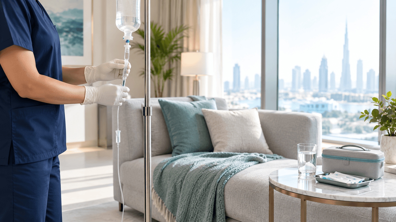 Nurse adjusting an IV drip beside a sofa in a bright apartment living room.