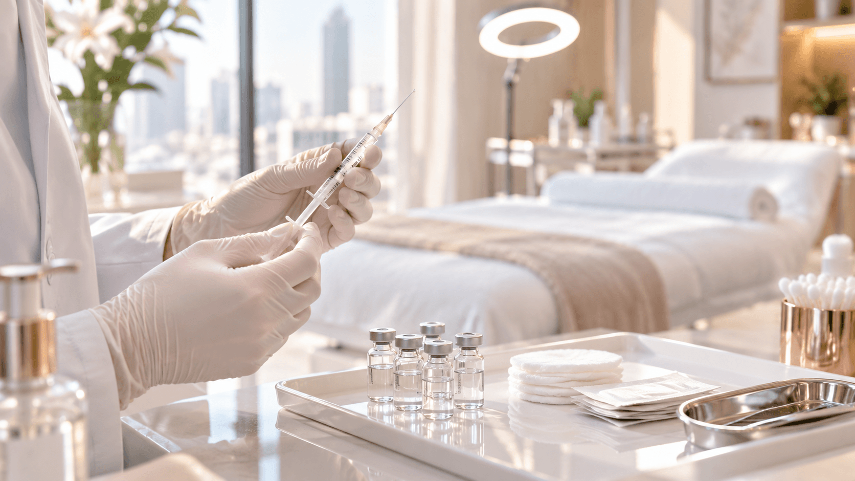 Gloved hands holding a fine syringe above a tray of small vials in an aesthetic clinic.
